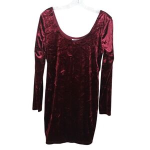 Candies Womens Burgundy Crushed Velvet Long Sleeve Scoop Neck Bodycon Dress L